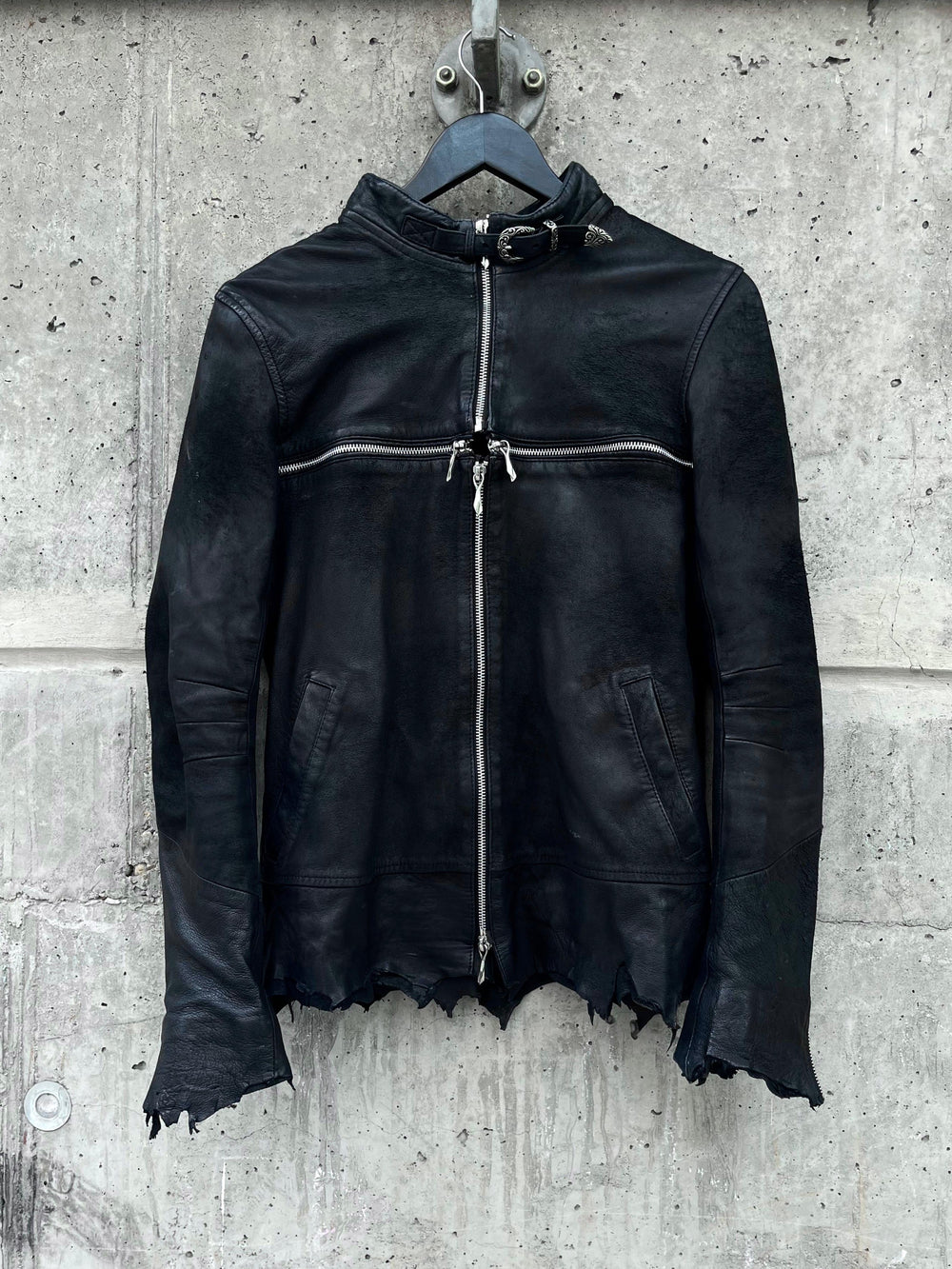 14th Addiction Detoriated Sheepskin Cross-Zip Rider Jacket (S)
