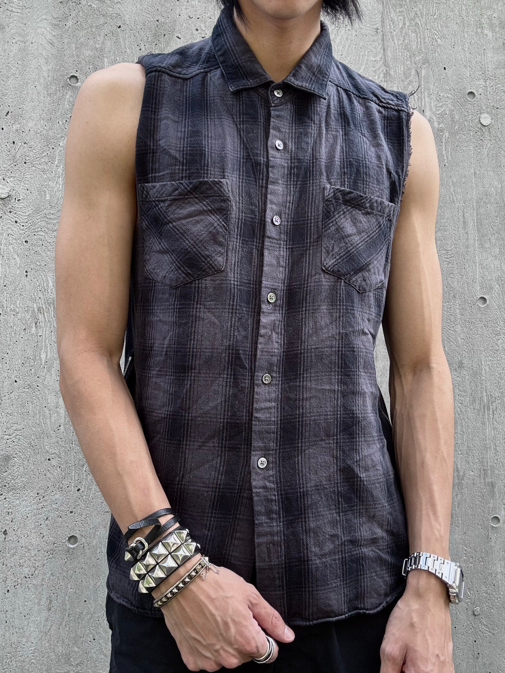 NO ID Black Checkered Sleeveless Button Down Shirt (L)