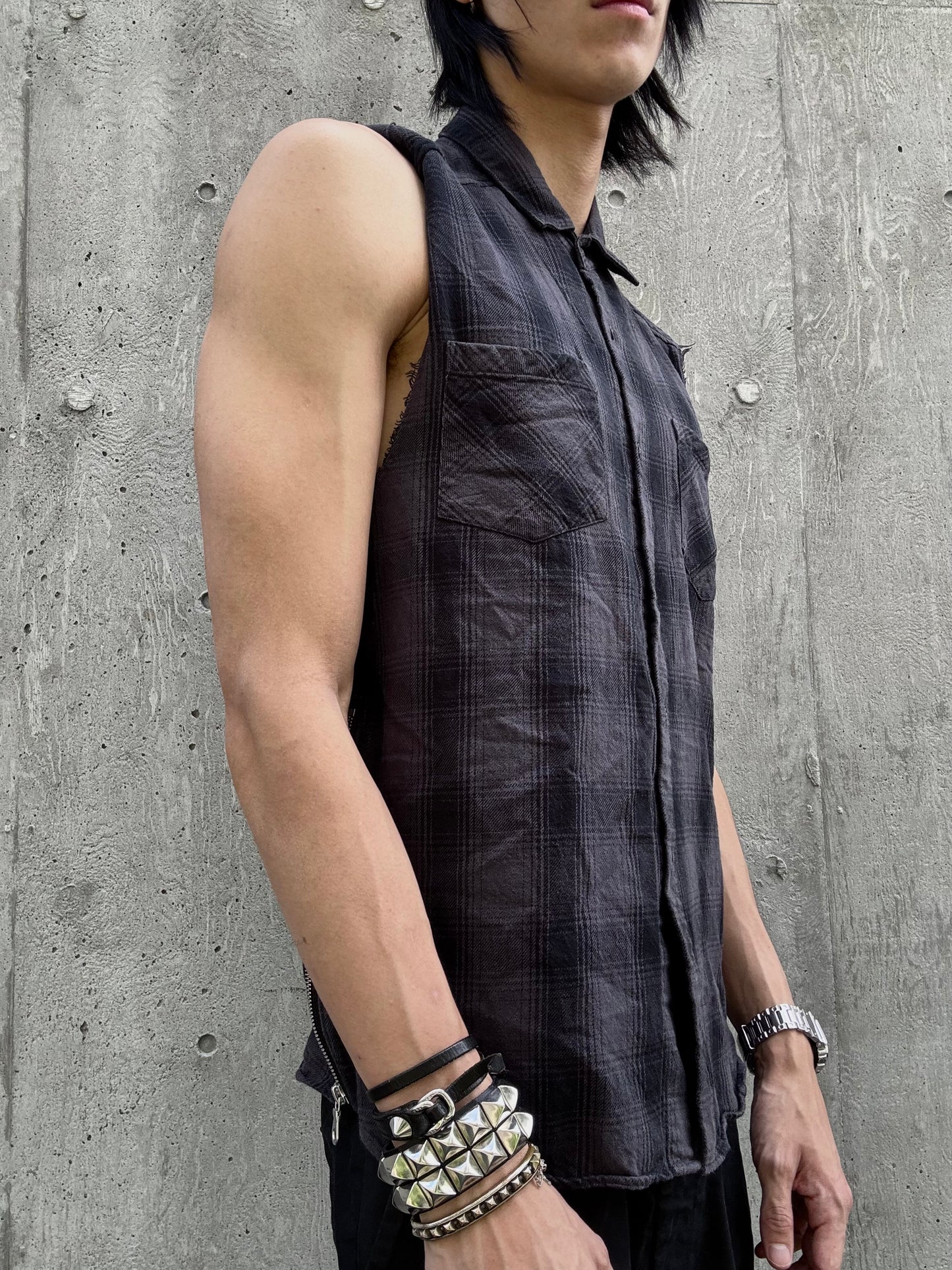 NO ID Black Checkered Sleeveless Button Down Shirt (L)