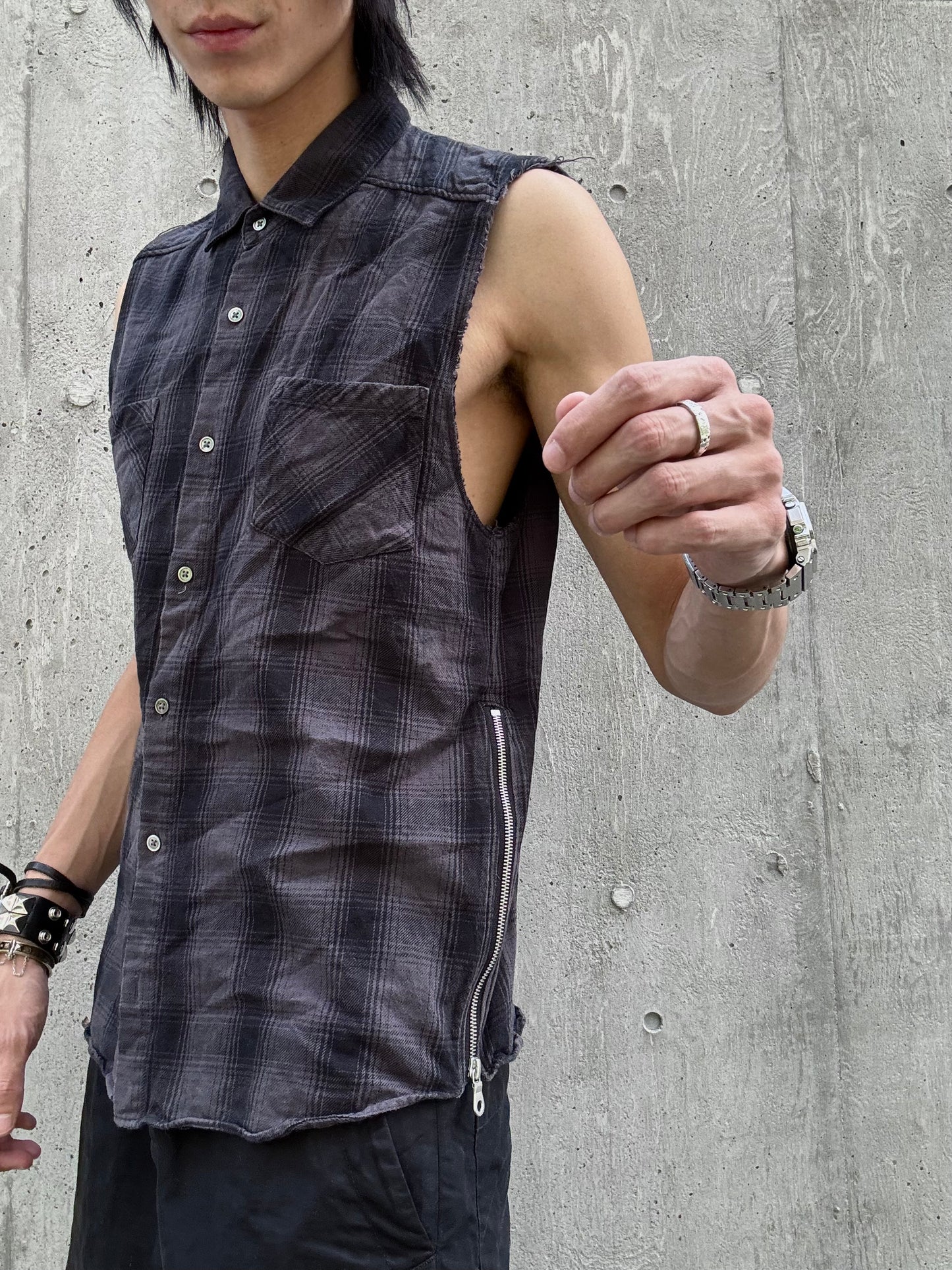 NO ID Black Checkered Sleeveless Button Down Shirt (L)