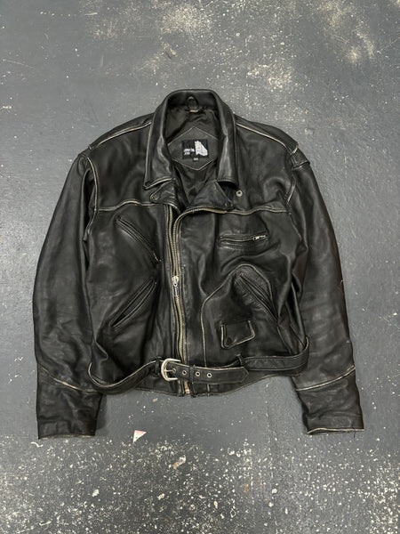 Biker Leather Jacket with Distressed Seams (L)