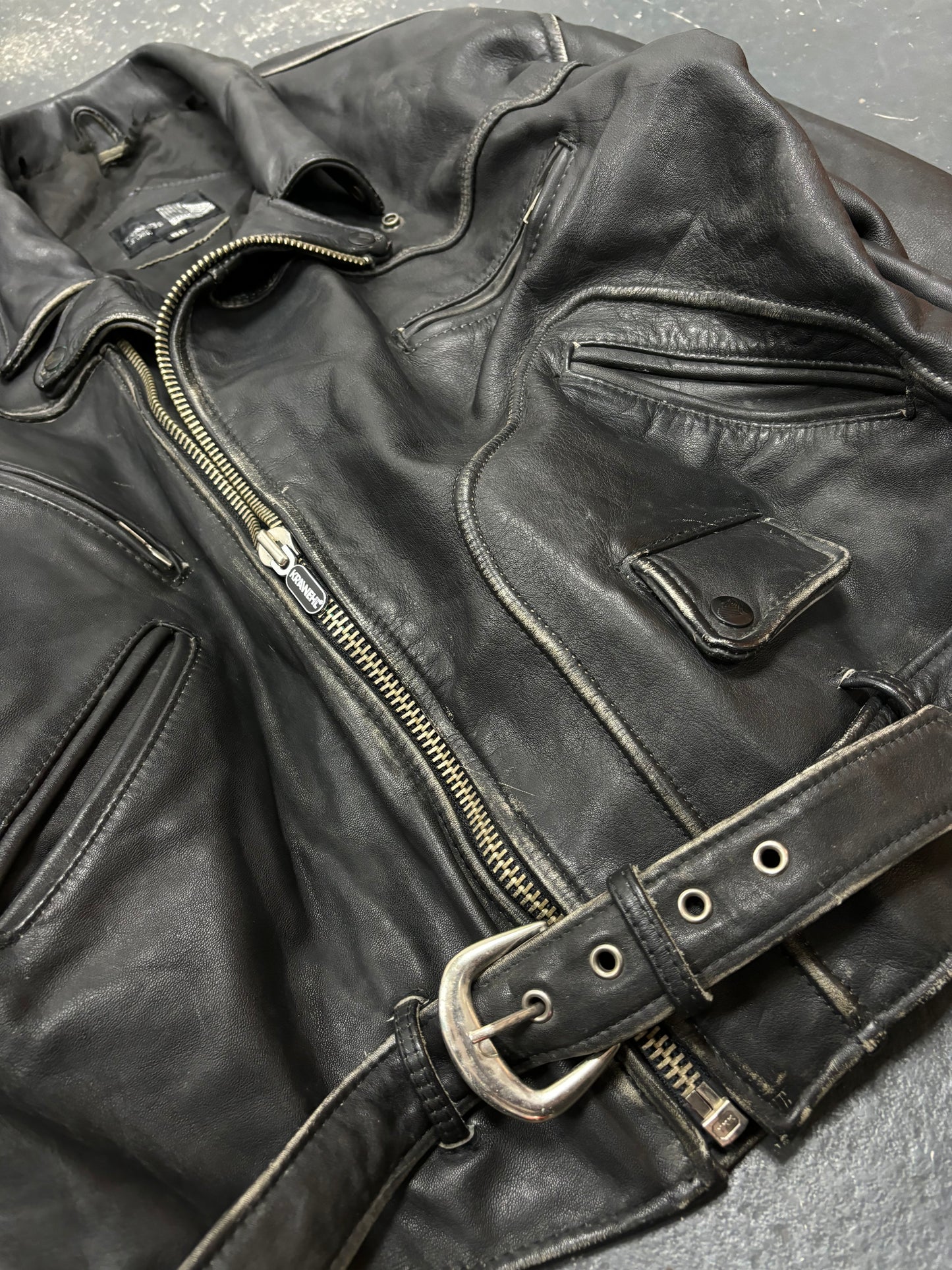 Biker Leather Jacket with Distressed Seams (L)