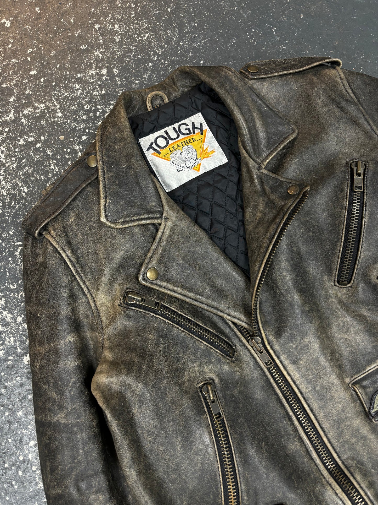 Distressed Grey Biker Leather Jacket (M)